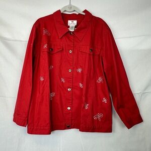 Quacker Factory Red Denim Jacket Rhinestone Embellished Dragonfly Pearl Snap 1X